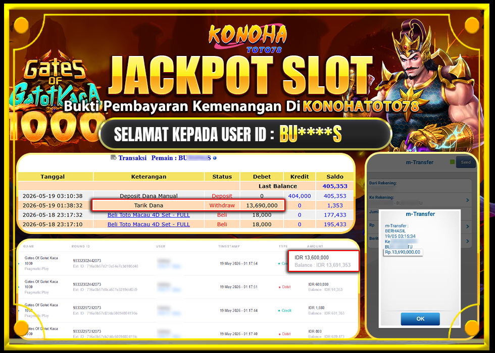 KONOHATOTO78 JACKPOT GATES OF GATOT KACA 1000 Rp.13.690.000,- LUNAS